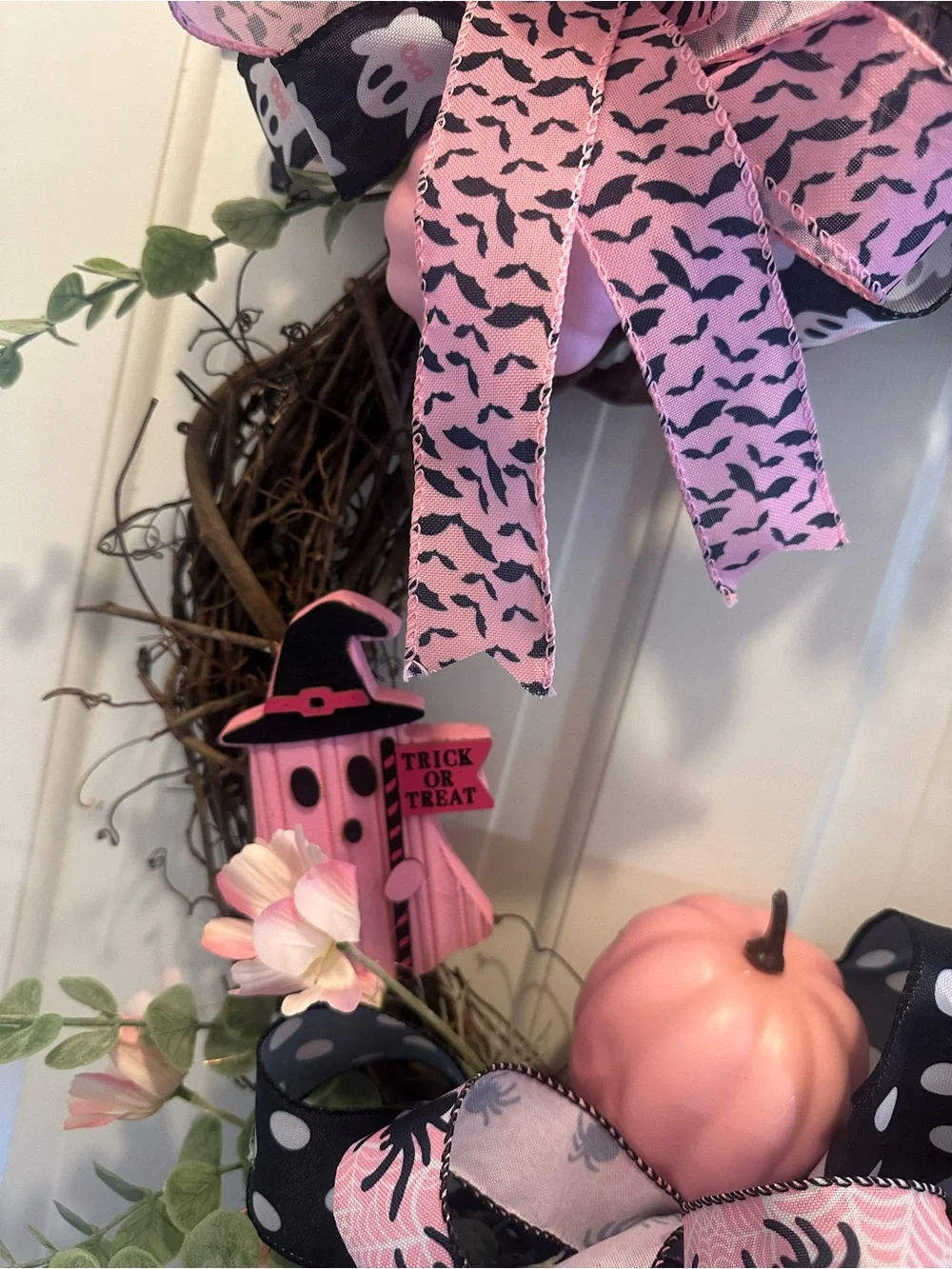 Pink Ghost & Pumpkin Halloween Wreath
